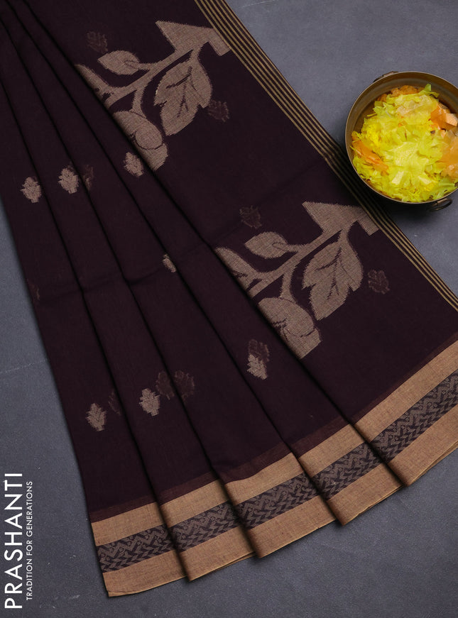 Khadi cotton saree deep maroon and sandal with allover thread woven buttas and thread woven border