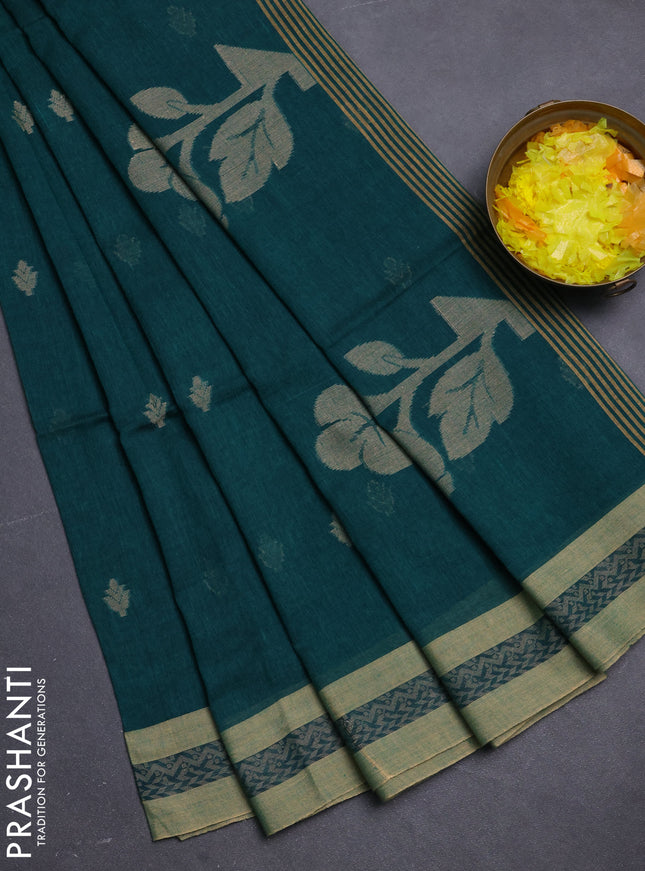 Khadi cotton saree peacock green and sandal with allover thread woven buttas and thread woven border