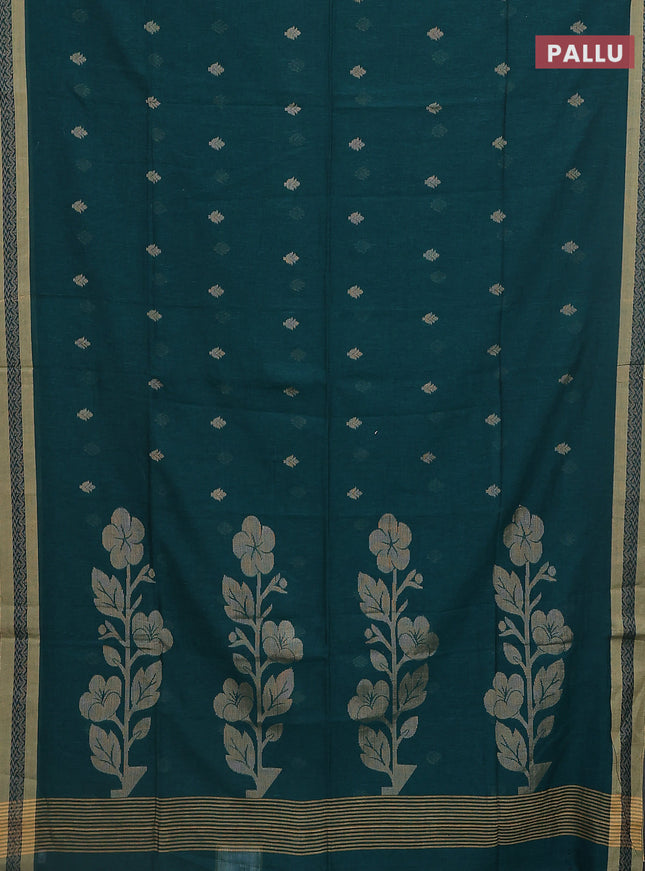 Khadi cotton saree peacock green and sandal with allover thread woven buttas and thread woven border