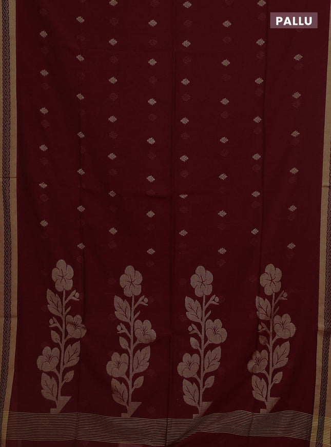 Khadi cotton saree maroon and sandal with allover thread woven buttas and thread woven border