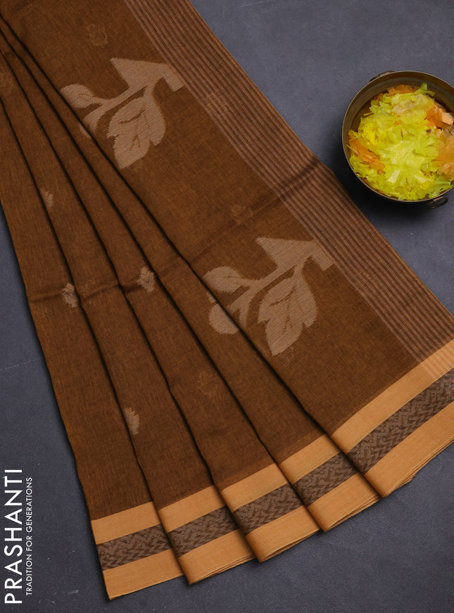 Khadi cotton saree dark mustard and sandal with allover thread woven buttas and thread woven border