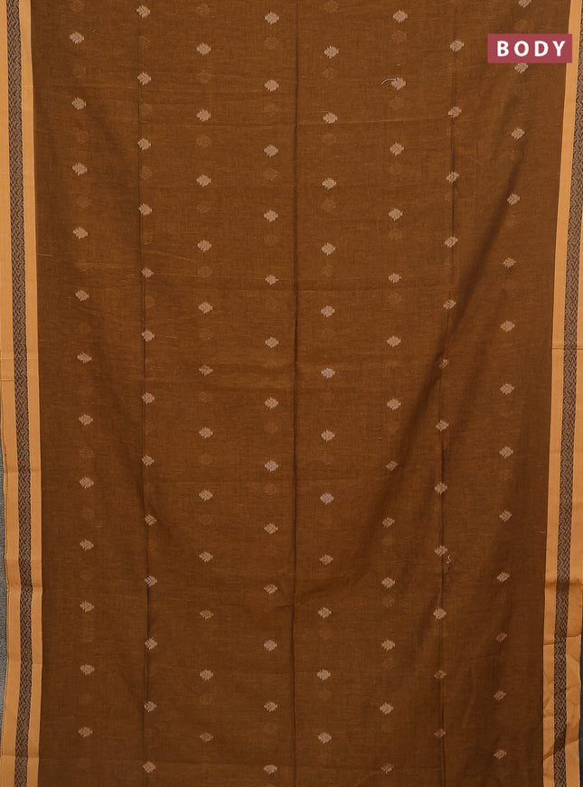 Khadi cotton saree dark mustard and sandal with allover thread woven buttas and thread woven border