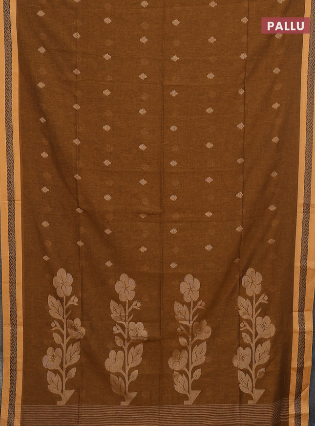 Khadi cotton saree dark mustard and sandal with allover thread woven buttas and thread woven border