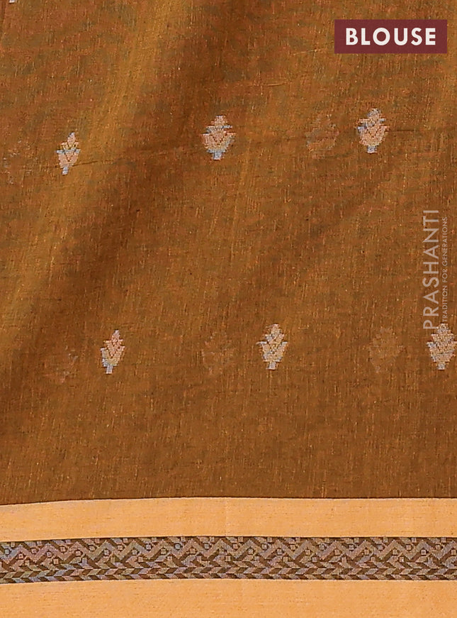 Khadi cotton saree dark mustard and sandal with allover thread woven buttas and thread woven border