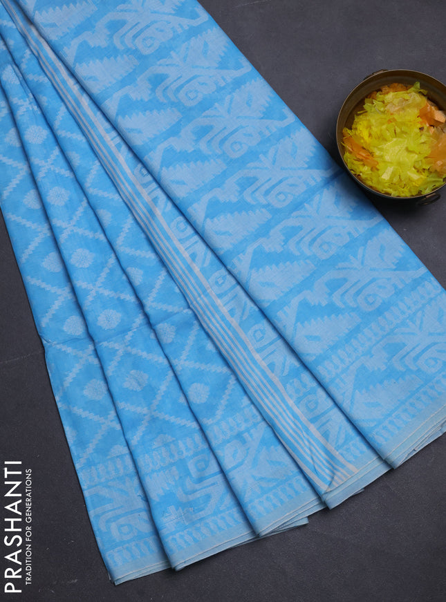 Khadi cotton saree teal blue with allover thread woven buttas and thread woven border