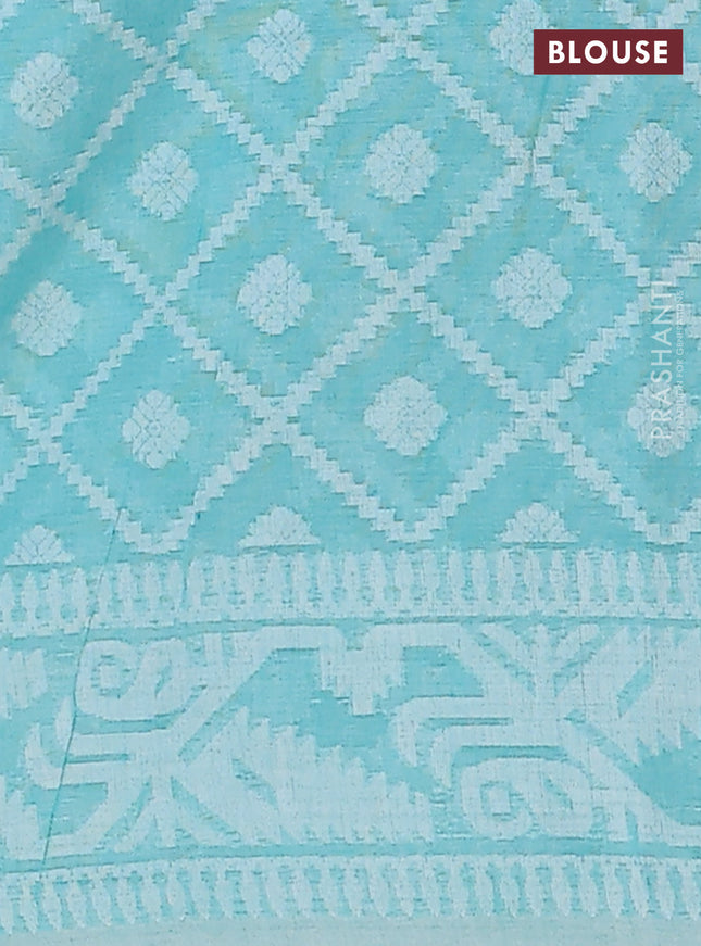 Khadi cotton saree teal green with allover thread woven buttas and thread woven border