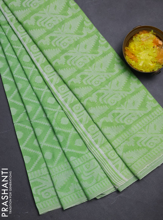 Khadi cotton saree light green with allover thread woven buttas and thread woven border