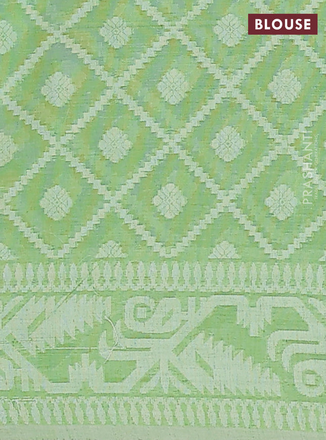 Khadi cotton saree light green with allover thread woven buttas and thread woven border