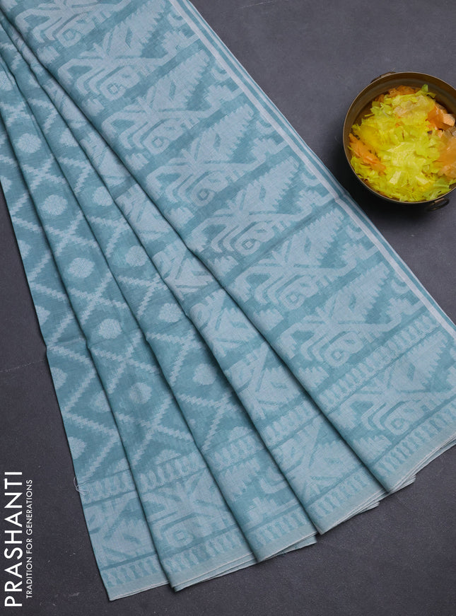 Khadi cotton saree teal green shade with allover thread woven buttas and thread woven border