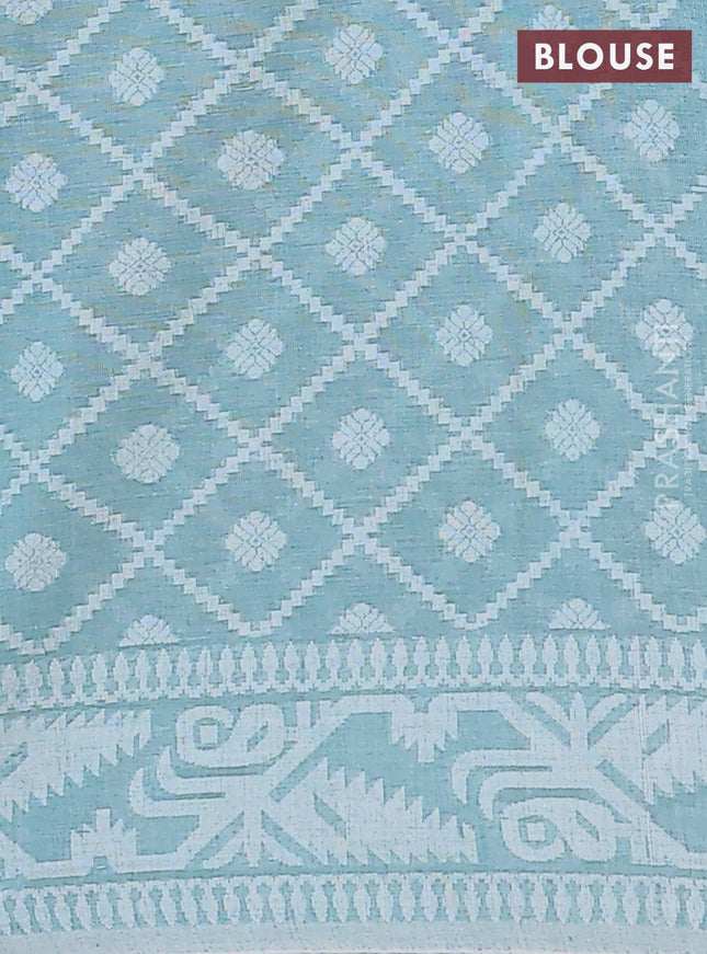 Khadi cotton saree teal green shade with allover thread woven buttas and thread woven border