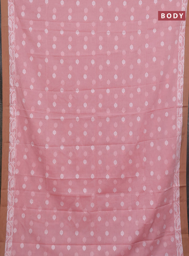 Khadi cotton saree peach shade and sandal with allover thread woven buttas and thread woven border