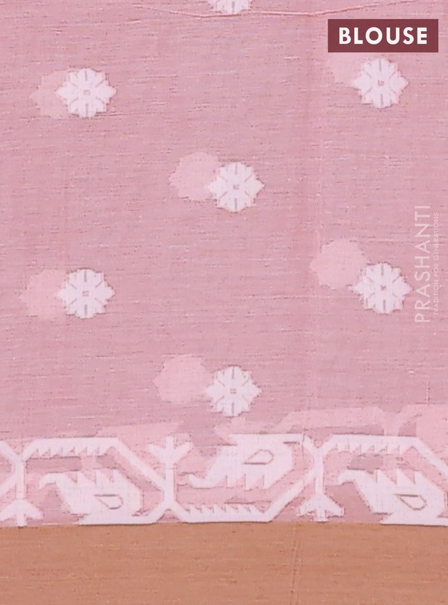 Khadi cotton saree peach shade and sandal with allover thread woven buttas and thread woven border