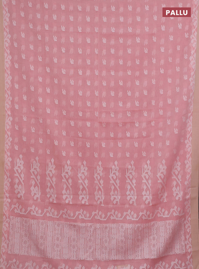 Khadi cotton saree peach shade and sandal with allover thread woven buttas and thread woven border