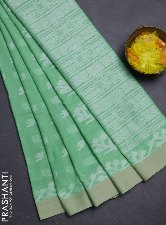 Khadi cotton saree green and sandal with allover thread woven buttas and thread woven border