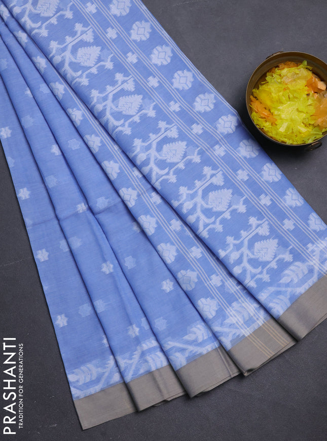 Khadi cotton saree blue shade and sandal with allover thread woven buttas and simple border