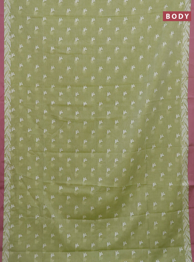 Khadi cotton saree pista green and pastel pink with allover floral thread woven buttas and thread woven border