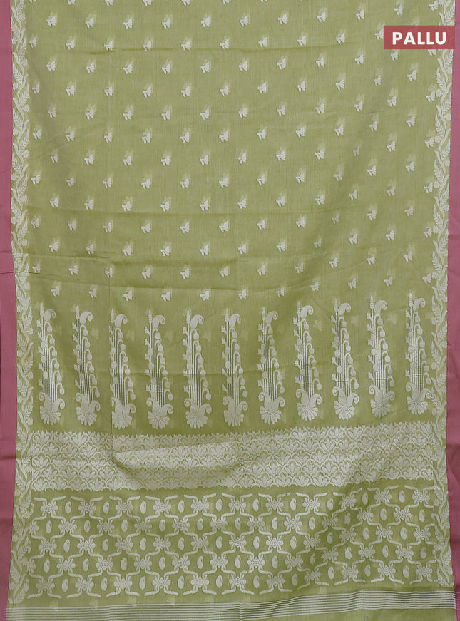 Khadi cotton saree pista green and pastel pink with allover floral thread woven buttas and thread woven border