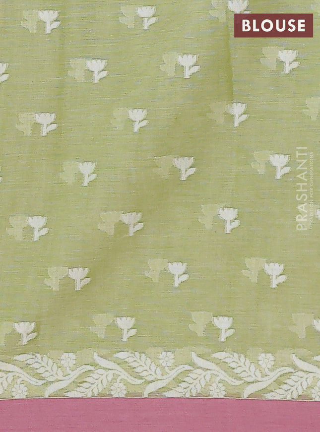 Khadi cotton saree pista green and pastel pink with allover floral thread woven buttas and thread woven border