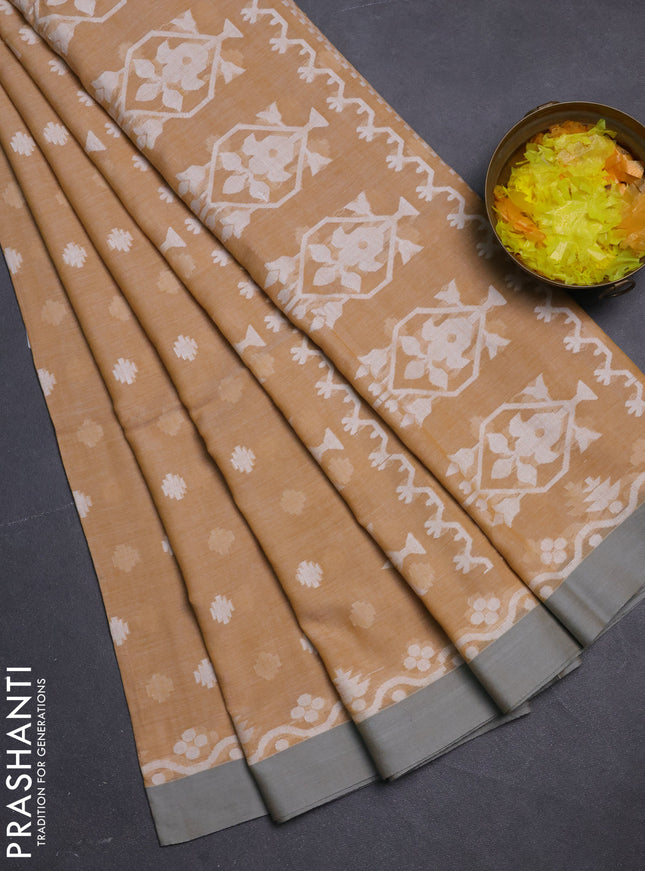 Khadi cotton saree sandal and grey with allover thread woven buttas and thread woven border