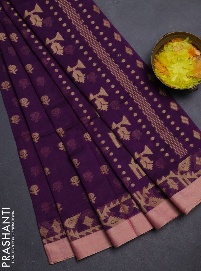 Khadi cotton saree purple and sandal with allover floral thread woven buttas and thread woven simple border