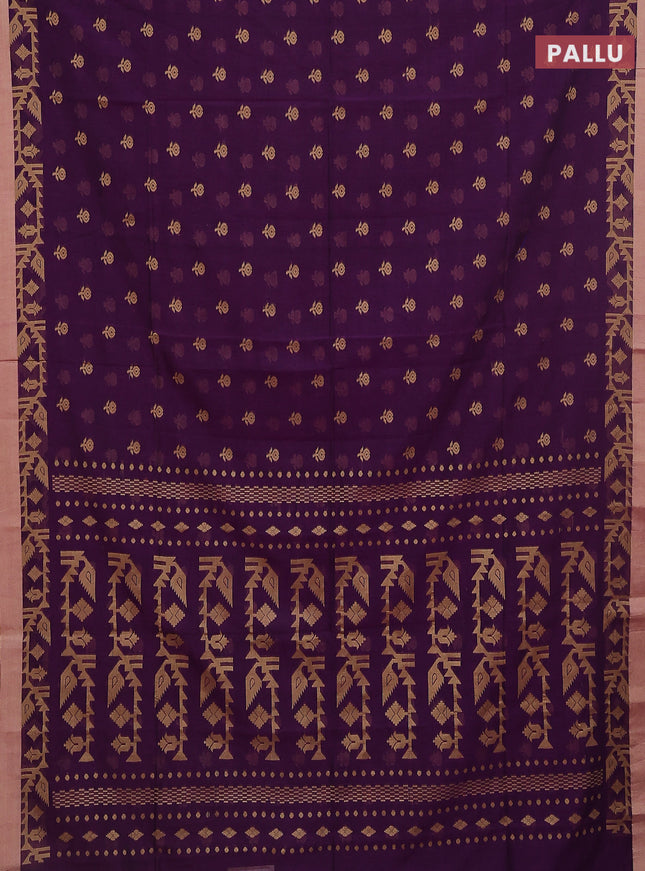 Khadi cotton saree purple and sandal with allover floral thread woven buttas and thread woven simple border