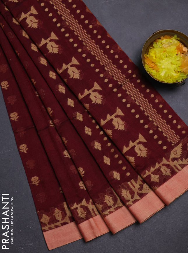 Khadi cotton saree maroon and sandal with allover floral thread woven buttas and thread woven simple border