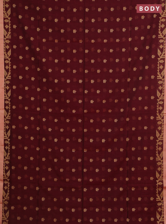 Khadi cotton saree maroon and sandal with allover floral thread woven buttas and thread woven simple border