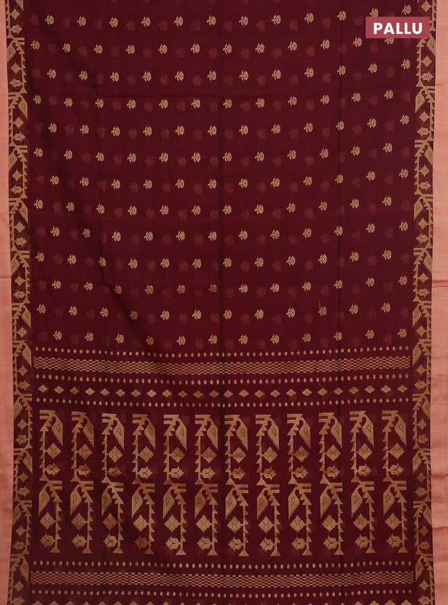Khadi cotton saree maroon and sandal with allover floral thread woven buttas and thread woven simple border