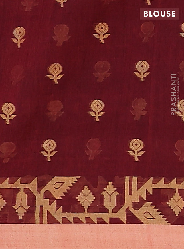Khadi cotton saree maroon and sandal with allover floral thread woven buttas and thread woven simple border