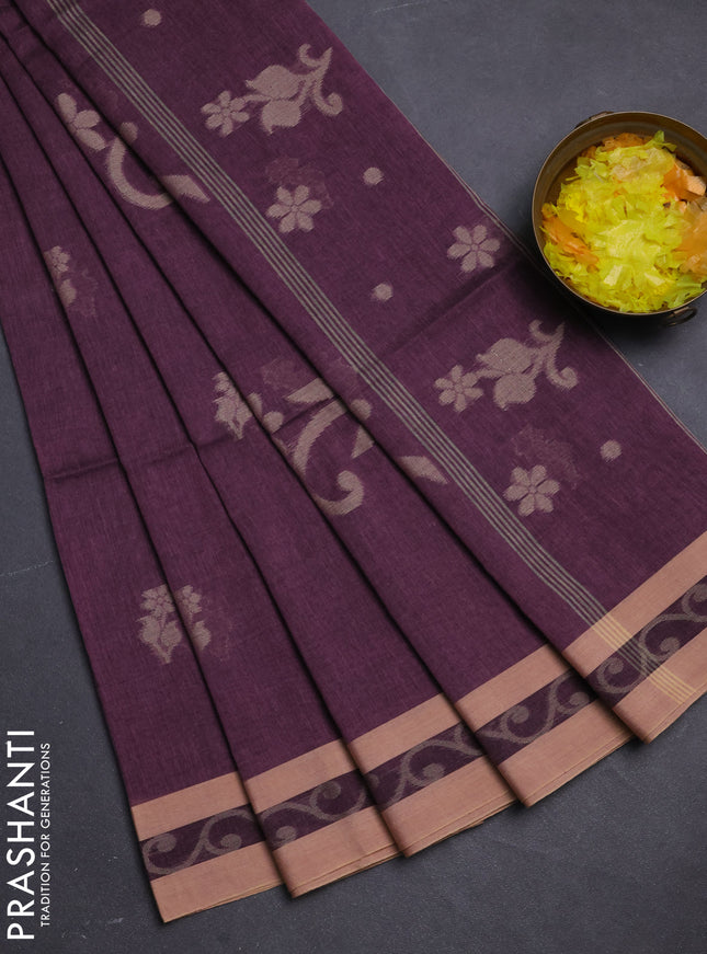 Khadi cotton saree rosy brown and sandal with allover floral thread woven buttas and thread woven border