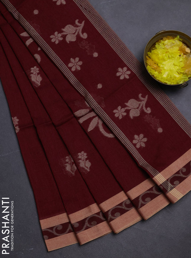 Khadi cotton saree maroon and sandal with allover floral thread woven buttas and thread woven border