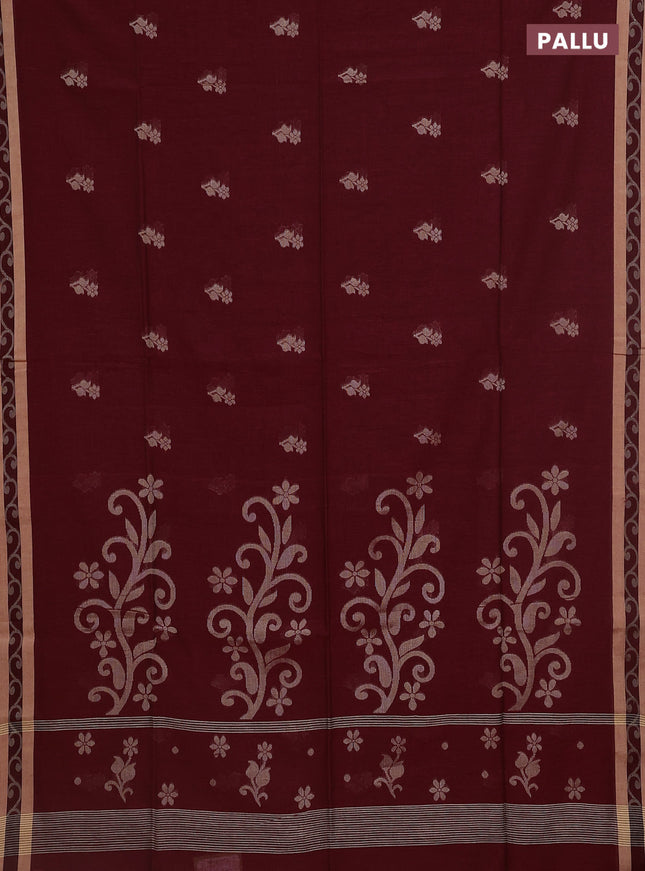Khadi cotton saree maroon and sandal with allover floral thread woven buttas and thread woven border