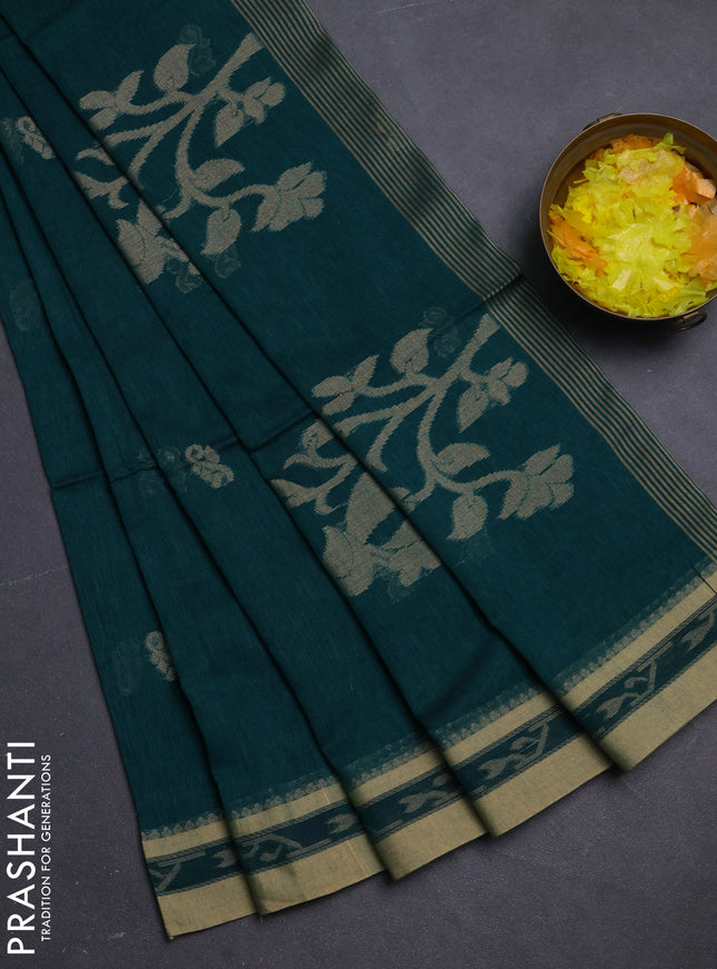 Khadi cotton saree peacock green and sandal with allover thread woven buttas and thread woven border