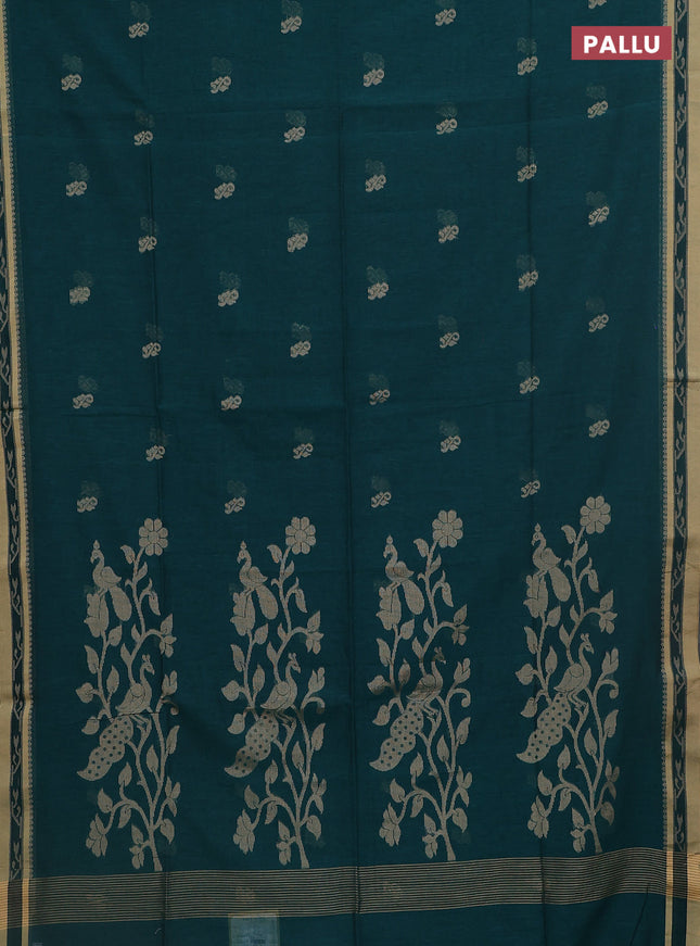 Khadi cotton saree peacock green and sandal with allover thread woven buttas and thread woven border