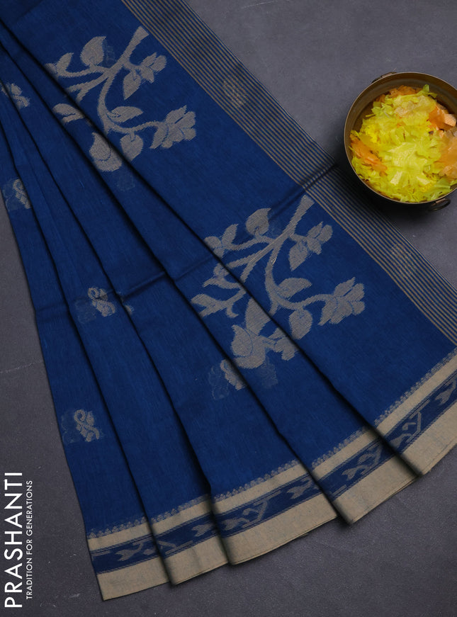 Khadi cotton saree peacock blue and sandal with allover thread woven buttas and thread woven border