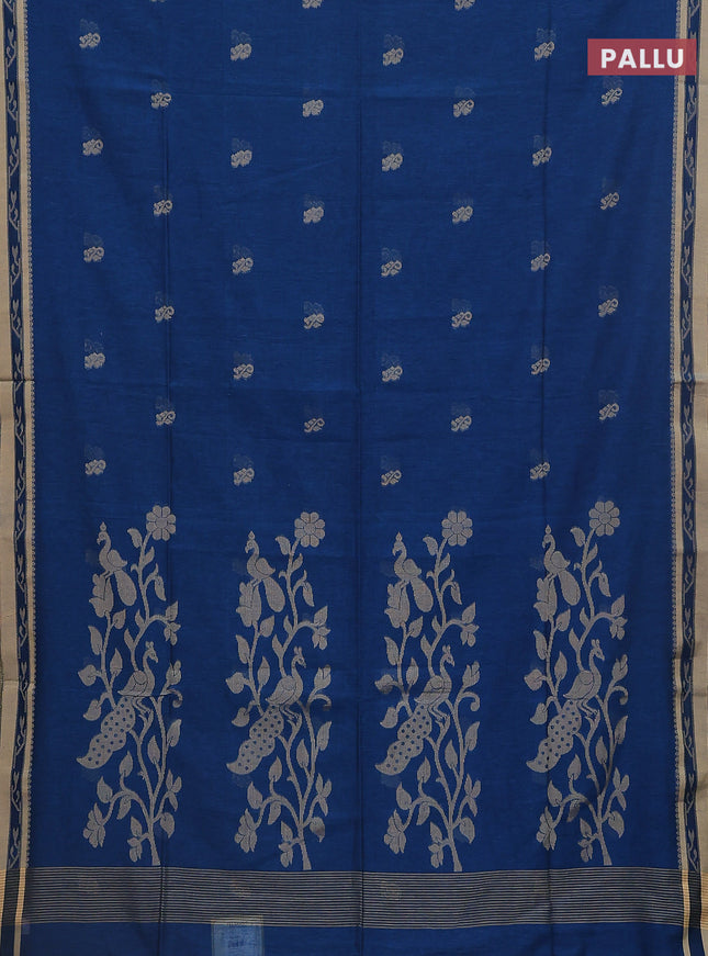 Khadi cotton saree peacock blue and sandal with allover thread woven buttas and thread woven border