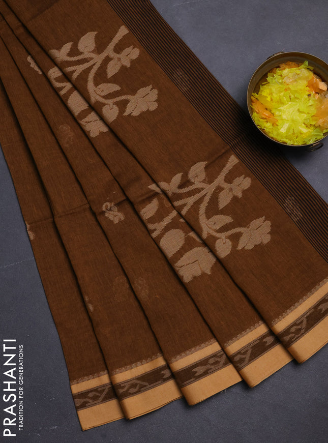 Khadi cotton saree dark magenta and sandal with allover thread woven buttas and thread woven border