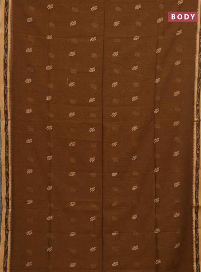 Khadi cotton saree dark magenta and sandal with allover thread woven buttas and thread woven border