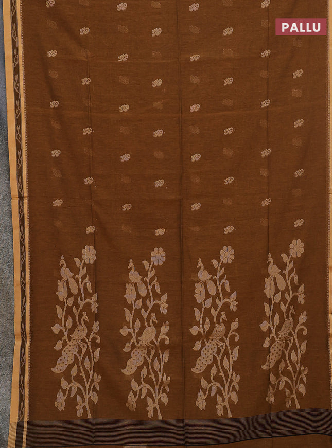 Khadi cotton saree dark magenta and sandal with allover thread woven buttas and thread woven border