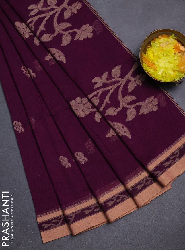 Khadi cotton saree purple and sandal with allover thread woven buttas and thread woven border