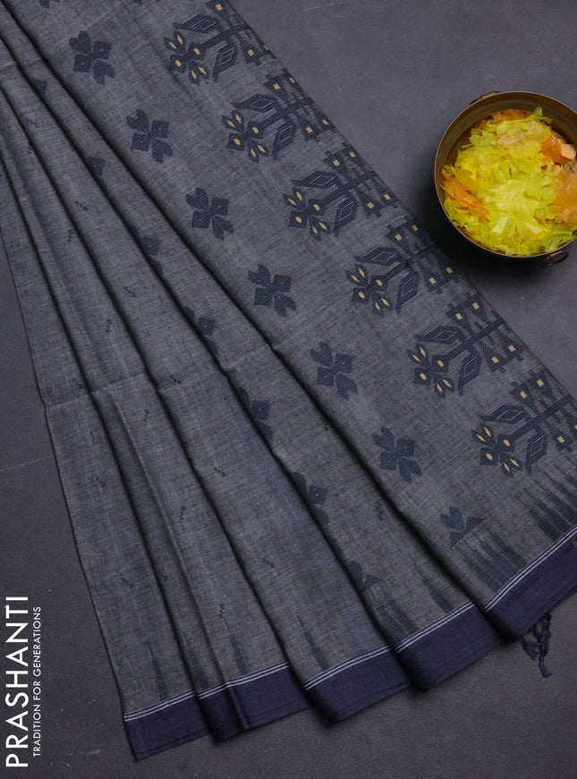 Khadi cotton saree grey and bluish grey with allover thread woven buttas and thread woven border