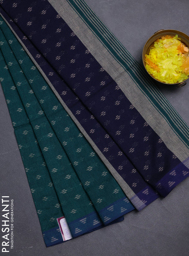 Khadi cotton saree bottle green and navy blue with allover thread woven buttas and thread woven border