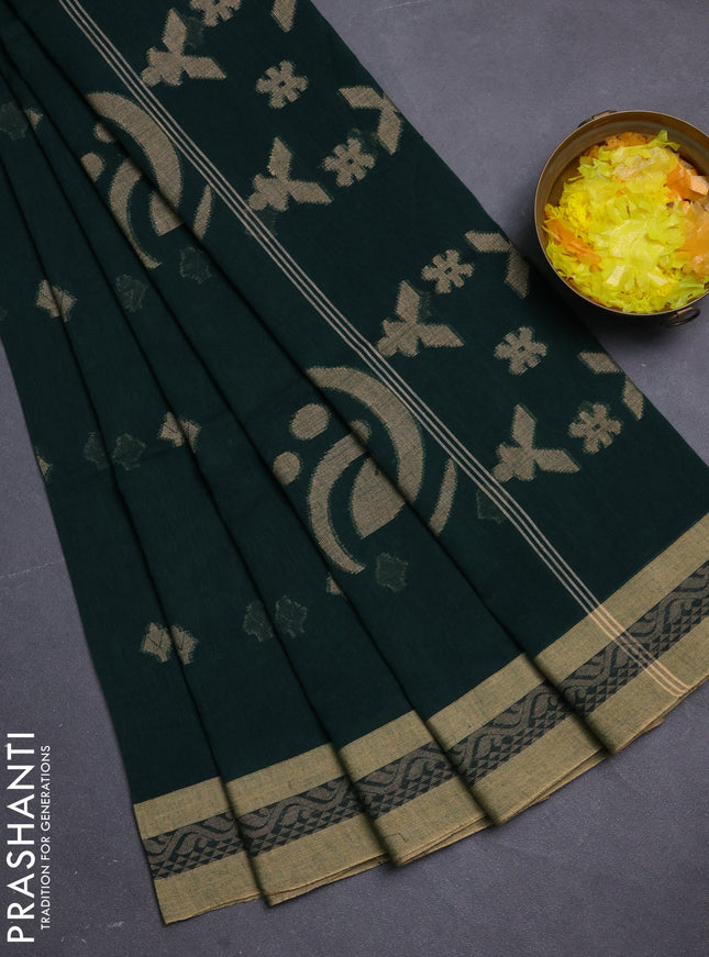 Khadi cotton saree bottle green and sandal with thread woven buttas and thread woven border