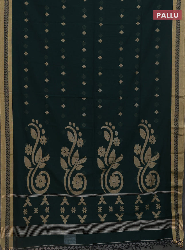 Khadi cotton saree bottle green and sandal with thread woven buttas and thread woven border