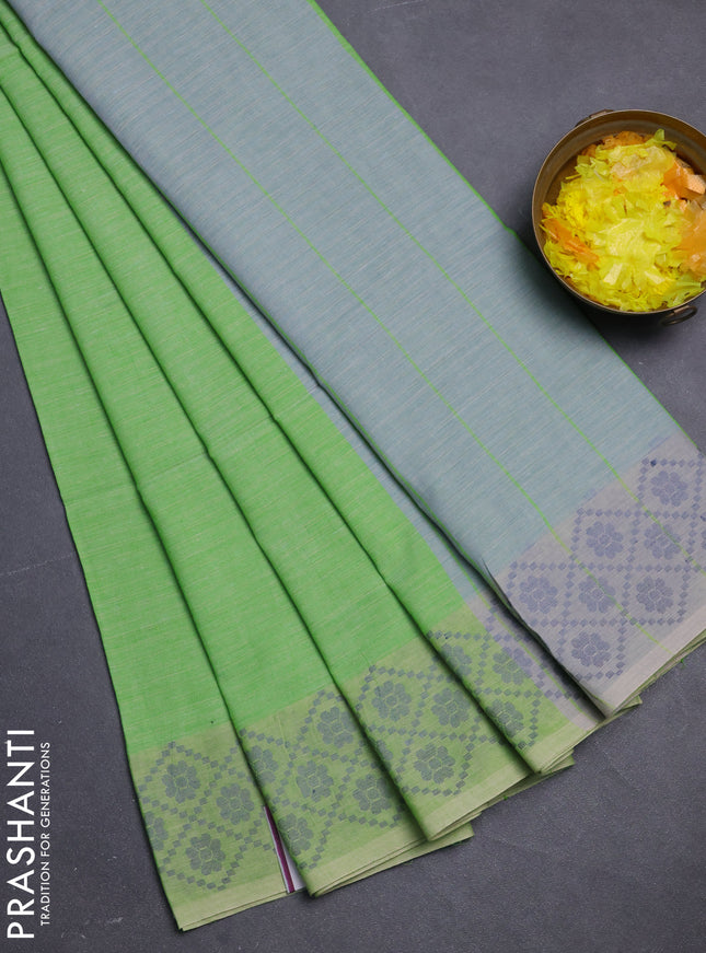 Khadi cotton saree green with plain body and thread woven border