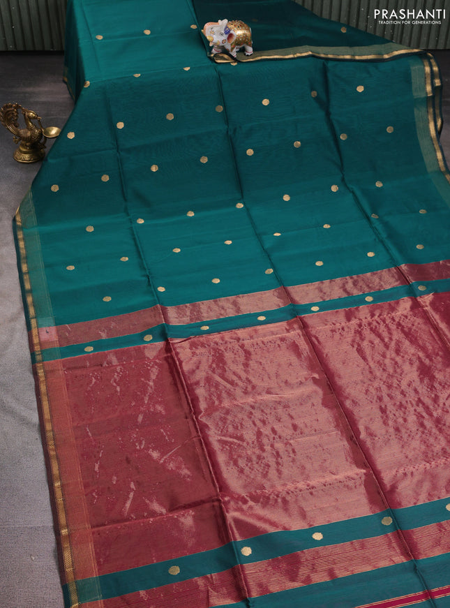 Maheshwari silk cotton saree green and dark magenta pink with zari woven buttas and zari woven border