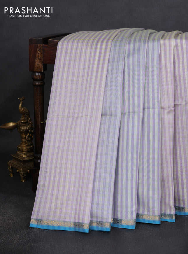 Maheshwari silk cotton saree lavender off white and teal blue with allover stripe pattern and small zari woven border