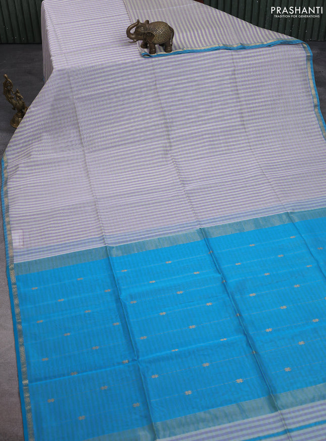 Maheshwari silk cotton saree lavender off white and teal blue with allover stripe pattern and small zari woven border