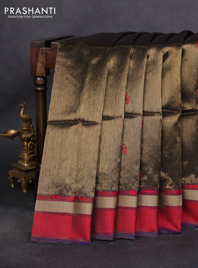 Maheshwari tissue silk cotton saree black and red violet with thread woven buttas and thread woven border