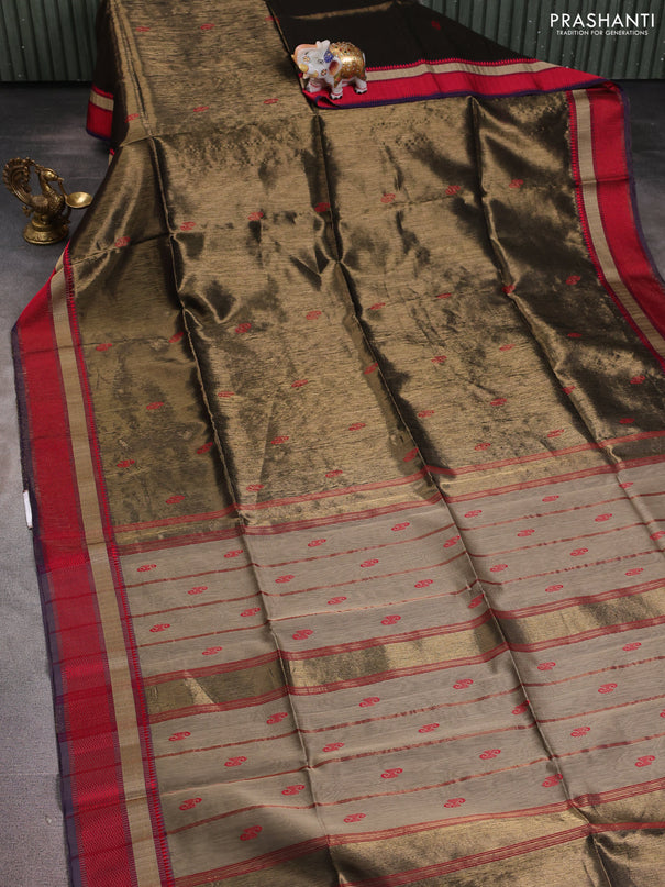 Maheshwari tissue silk cotton saree black and red violet with thread woven buttas and thread woven border